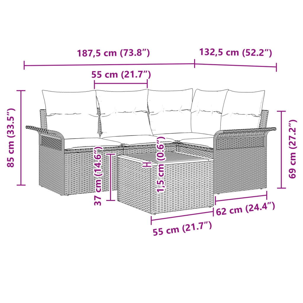 Set divani giardino 5 pezzi con cuscini polyrattan nero e acacia