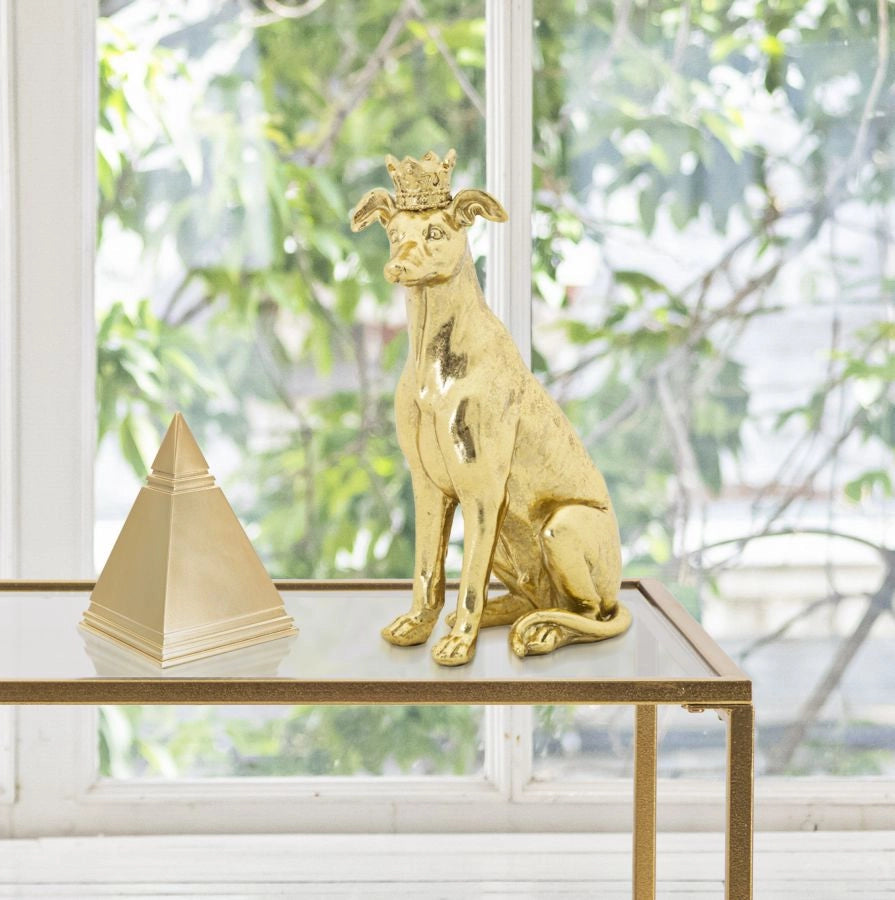 Statuetta decorativa cane seduto con corona dorata - REX