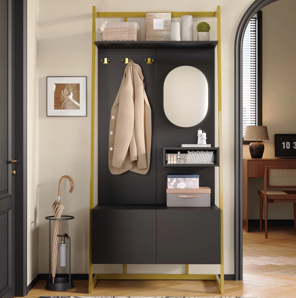 Guardaroba compatto moderno con specchio e ganci in metallo; 78 x 38;5 x 180;5 cm; nero