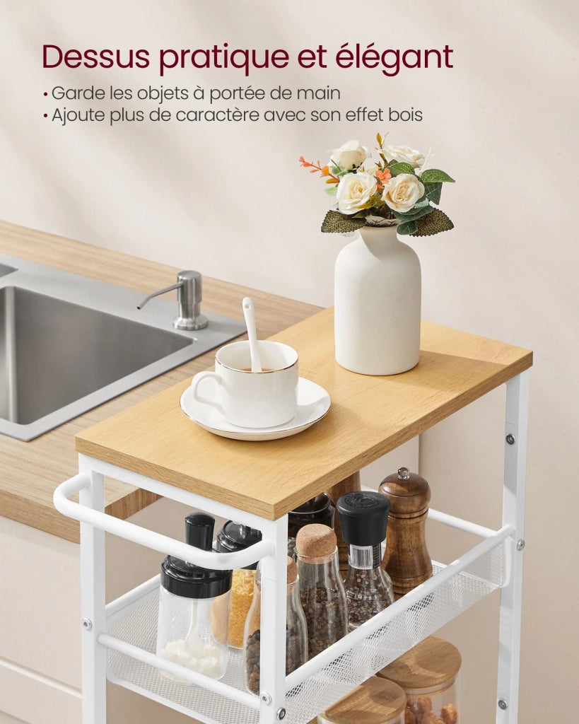 Carrello di servizio ripiano portaoggetti mobile design sottile ruote girevoli a 360° struttura in metallo per cucina soggiorno ufficio bianco 12_0005291