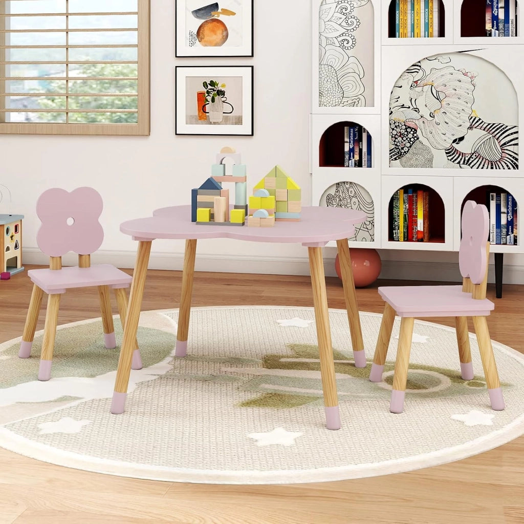 Set Tavolo per Bambini a Forma di Fiore, Tavolino e Sedia in Legno con 2 Sedie e Gambe in Legno di Pino Solido, Tavolino Bambini 3+ Anni per Disegno, Arte e Studio (Rosa)