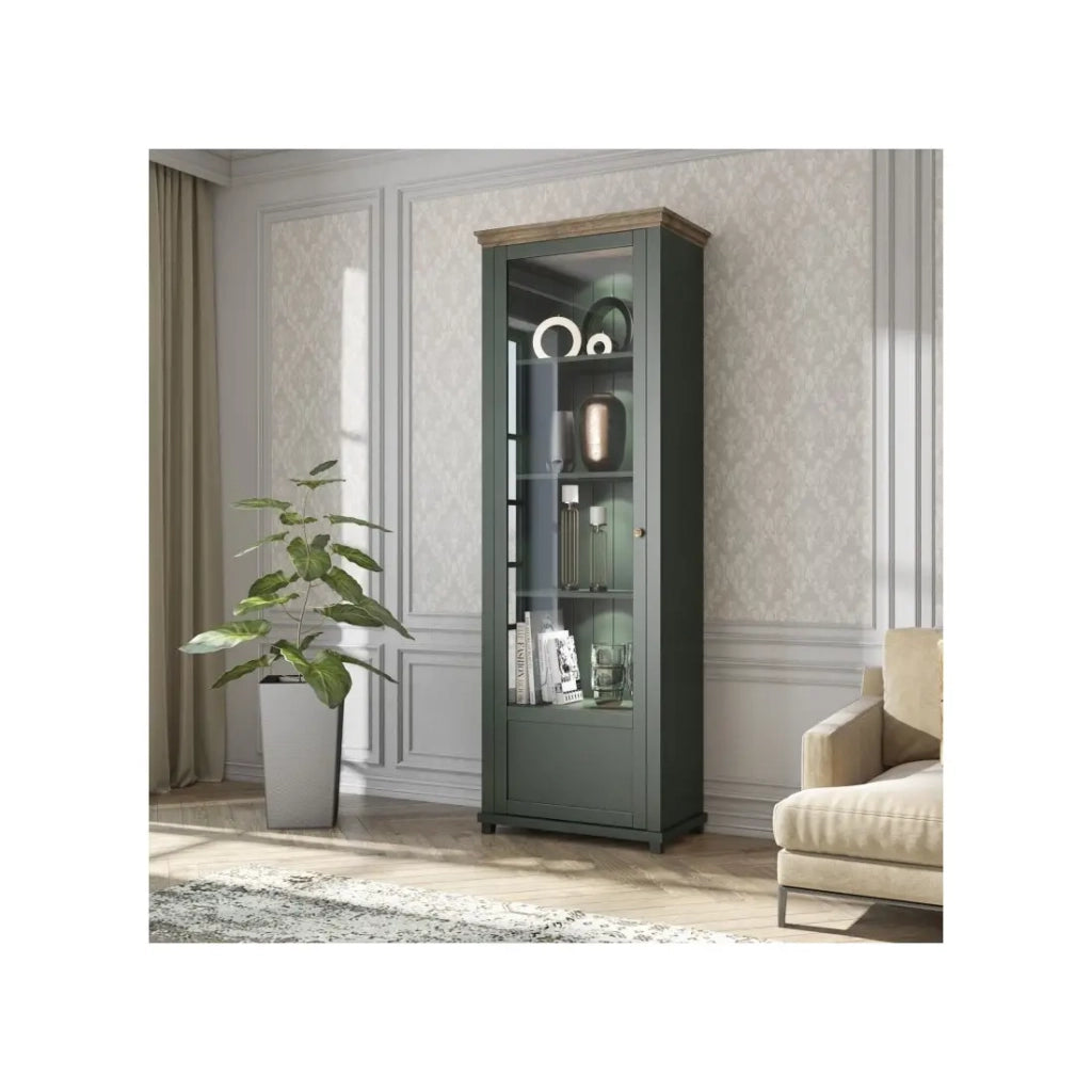 Vetrina 1 porta collezione ASSIA. Colore verde e rovere. Apertura a sinistra.