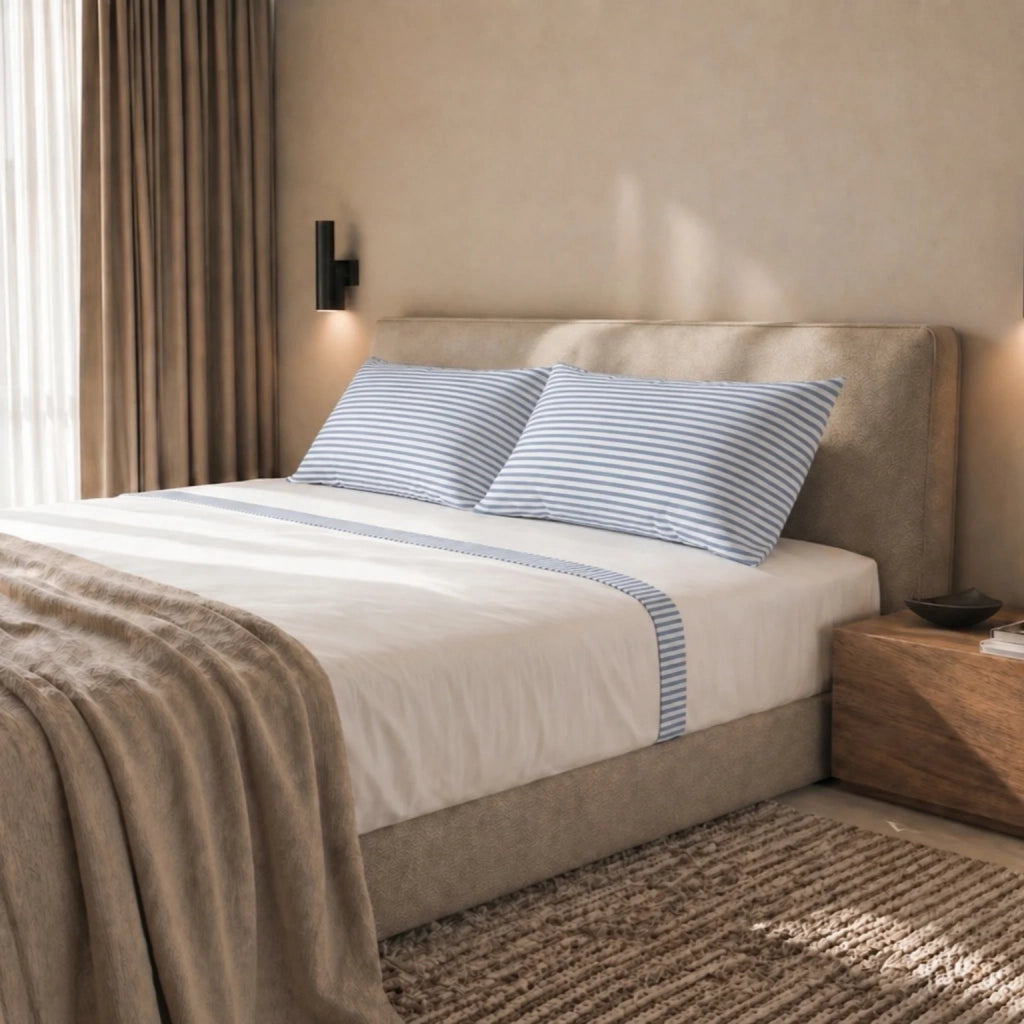Set Lenzuola Letto Una Piazza e Mezza in Puro Cotone | Completo Letto 1 Piazza e Mezza | Lenzuolo con angoli, Lenzuolo Piano e 1 Federa | Lenzuola in Cotone con Balza a Righe Celeste