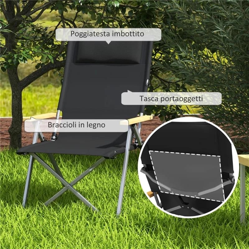 SEDIA DA CAMPEGGIO PIEGHEVOLE CON SCHIENALE REGOLABILE, IN ALLUMINIO E POLIESTERE 74X59.5X98 CM, NERO