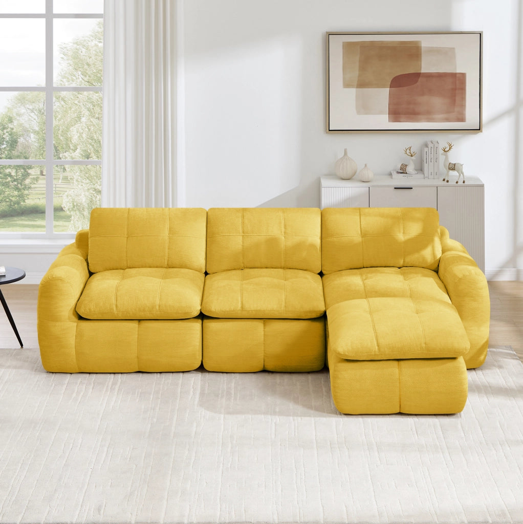 Divano modulare senza telaio in ciniglia giallo; 264 x 160 x 68 cm