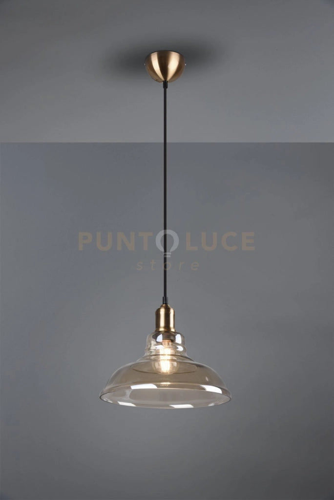 ALDO SOSPENSIONE VETRO CAMPANA AMBRA MONTATURA OTTONE ANTICATO D. 28CM 1 LUCE ATTACCO E27