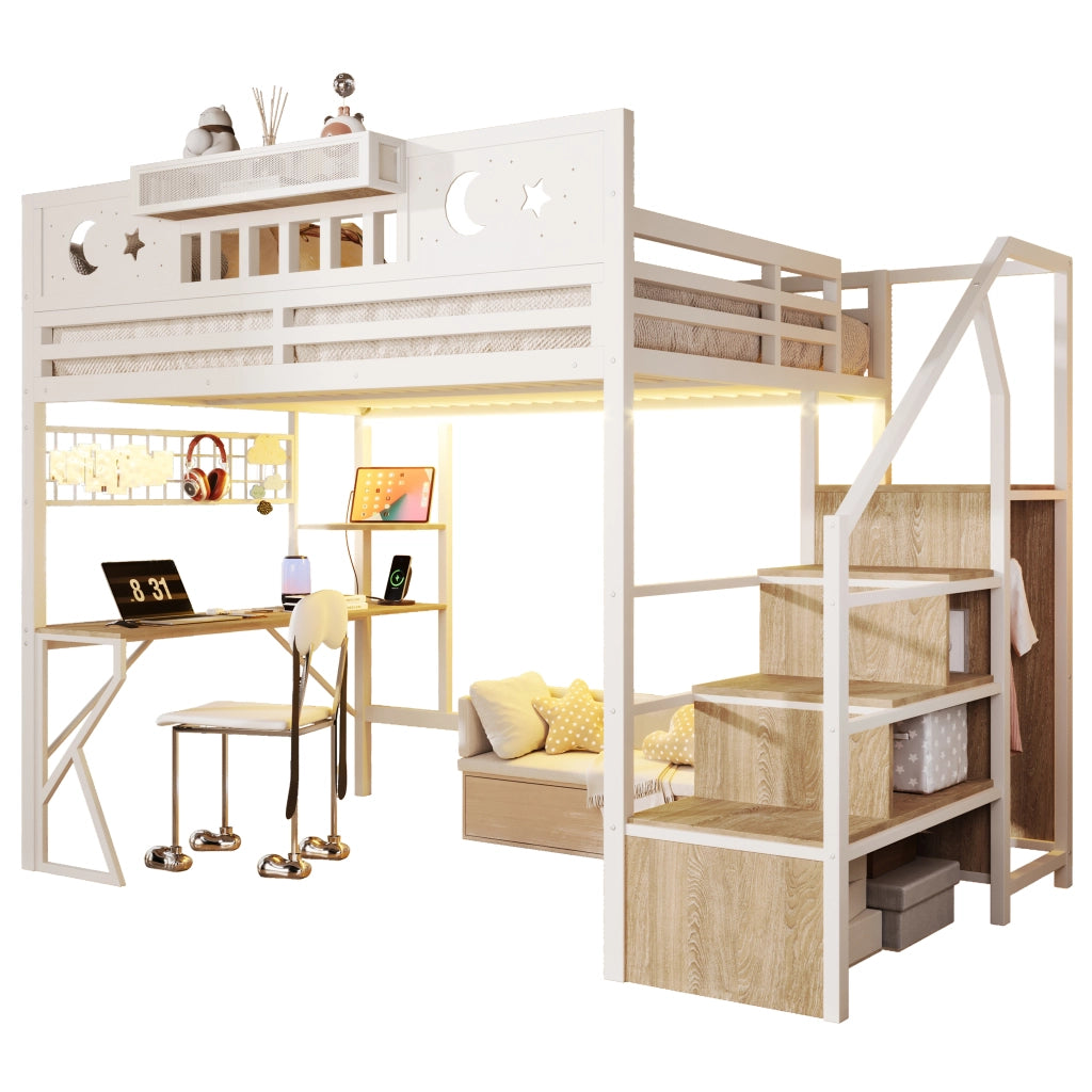 Letto a soppalco 140x200 cm con scrivania; pannello pegboard; ripiani; LED; USB e gambe a K; metallo bianco
