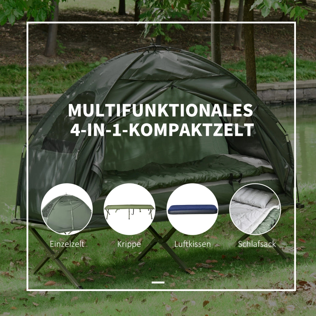 Set da campeggio 4 in 1 con tenda; sacco a pelo; materasso pieghevole verde scuro per avventure all'aperto