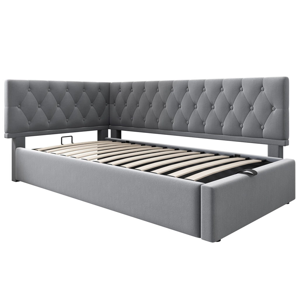 Letto contenitore imbottito in velluto grigio 90x200 cm con struttura in ferro, senza materasso