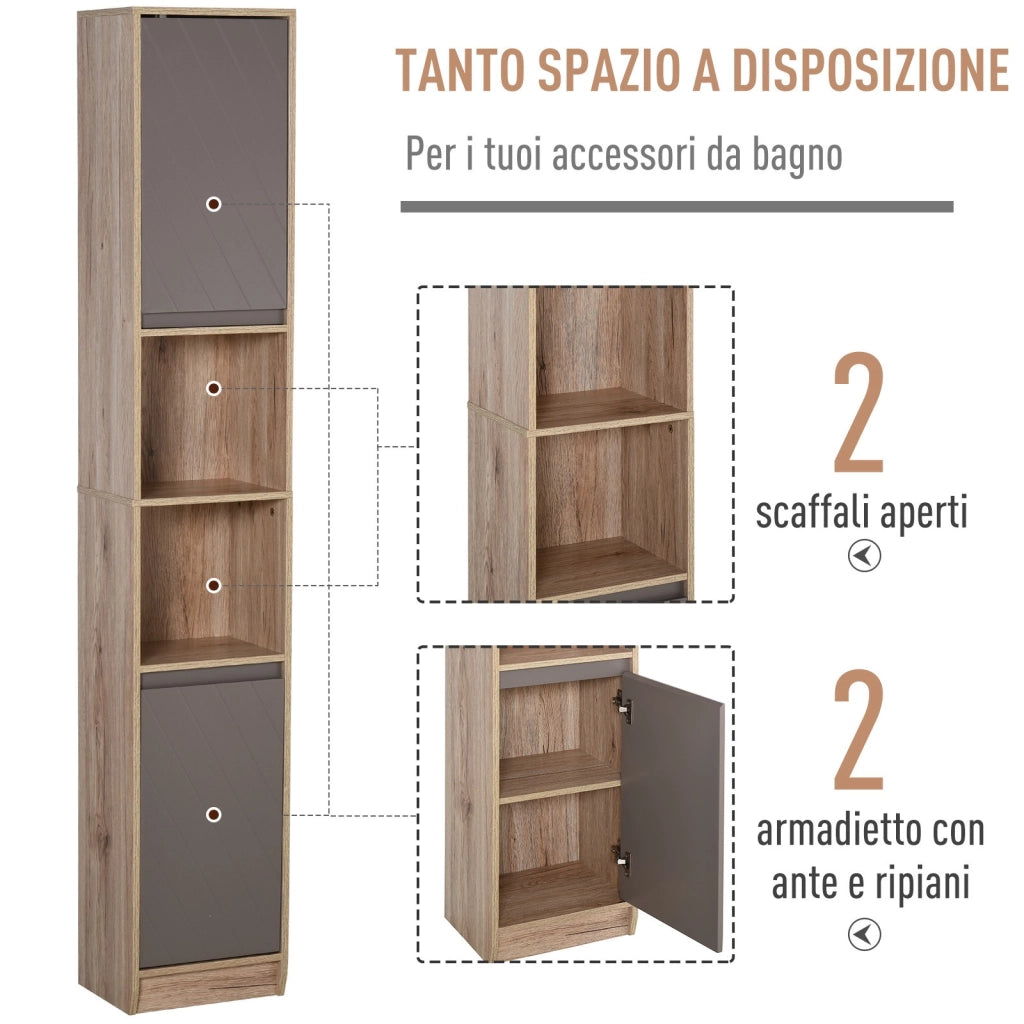 EasyComfort Mobile Colonna Bagno Salvaspazio in Legno con 2 Armadietti e Ripiani, 30x24x170 cm, Rovere e Bianco
