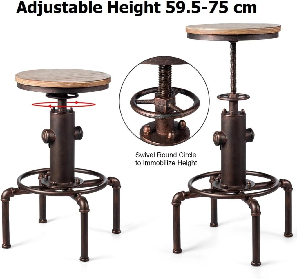 Sgabello da Bar Senza Schienale Braccioli in Bronzo, Sedia Rotonda con Poggiapiedi in Metallo Base, Sedia Regolabile 60-75 cm in Altezza, Vintage Industriale Moderno (Bronzo)