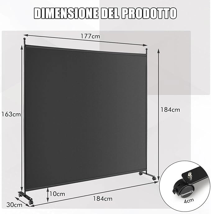 Separé Divisorio Singolo 184 x 184 CM, Paravento da Interno ed Esterno con Ruote Bloccabili, Pannello Divisorio per Ambienti Interni Portatile da Soggiorno Camera da Letto e Ufficio (Nero)