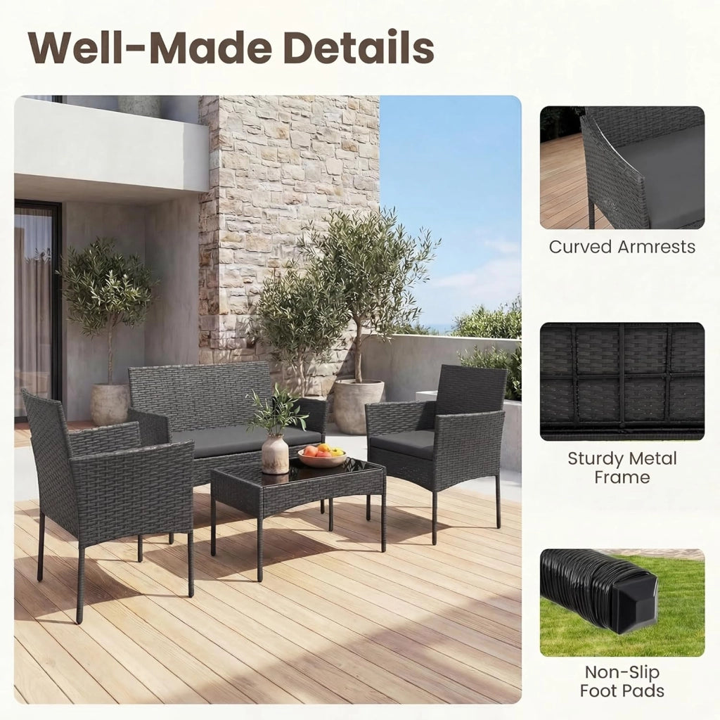Salotto da Giardino Esterno 4 Pezzi, Set da Esterno in Rattan con Tavolino con Piano in Vetro, Divano 2 Posti e 2 Poltrone, Set da Conversazione con Cuscini per Patio, Balcone e Terrazzo (Grigio)