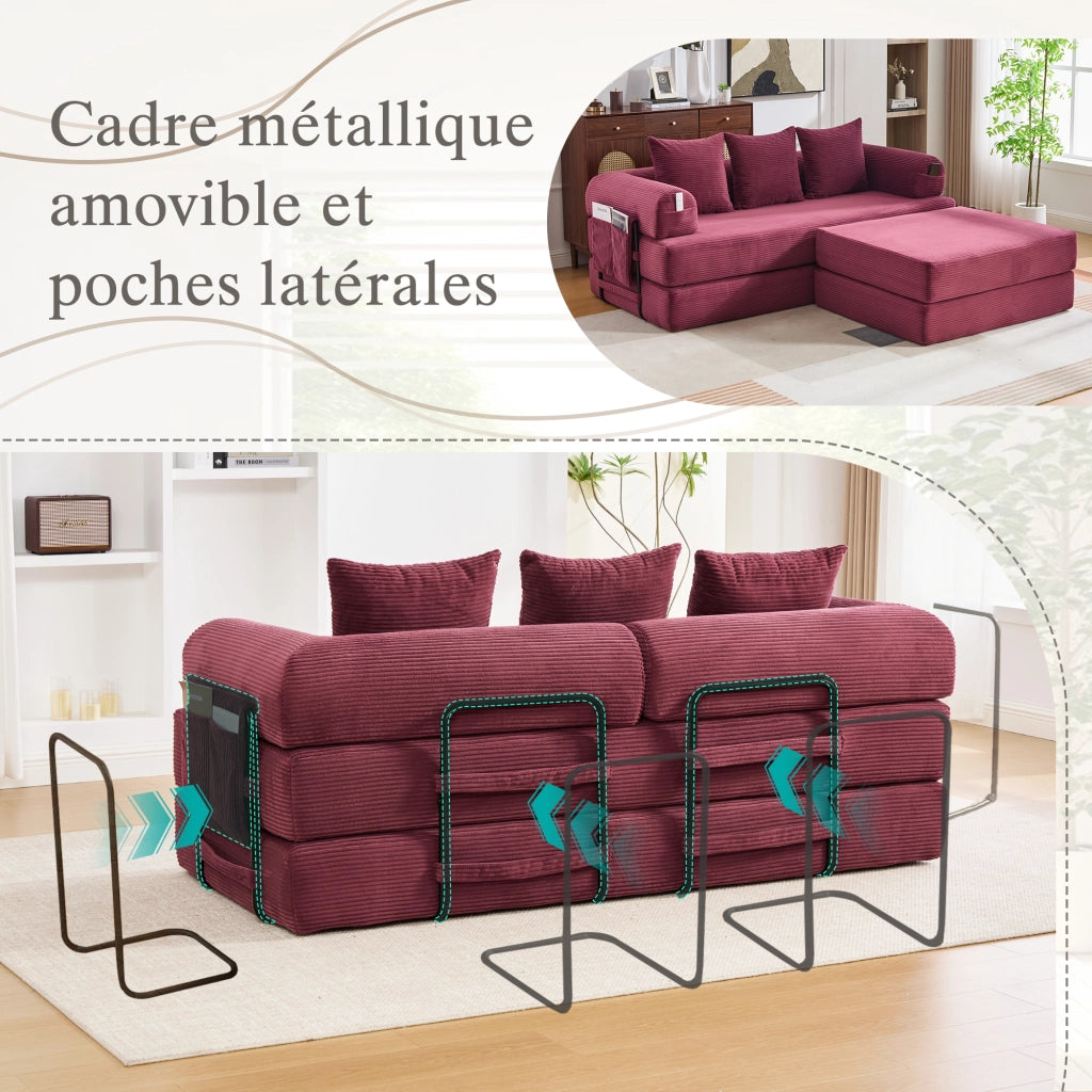 Divano modulare con pouf componibile tasca laterale e 3 cuscini struttura in metallo velluto a coste bordeaux