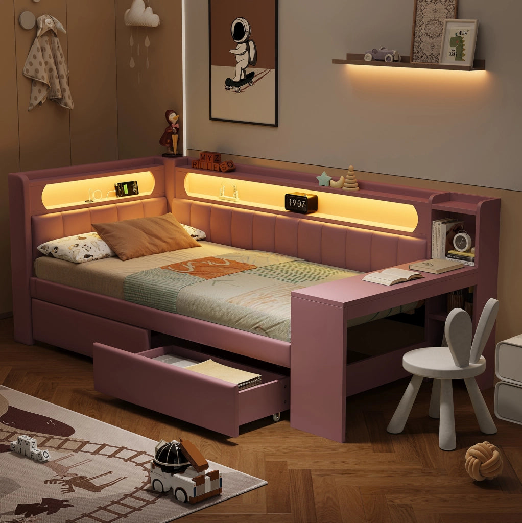 Letto giorno 90x200 con LED, USB, scrivania e 2 cassetti