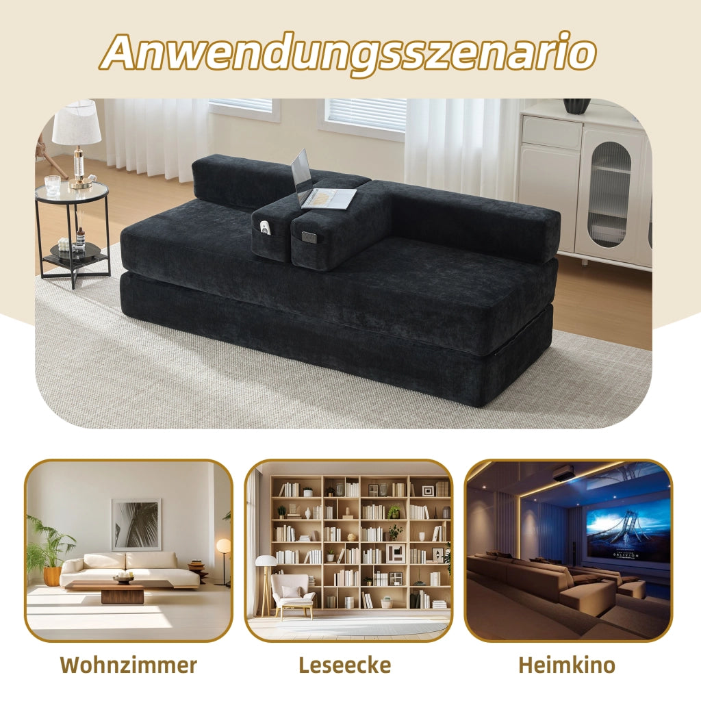 DIVANO modulare in chenille nero 198x79x60 cm