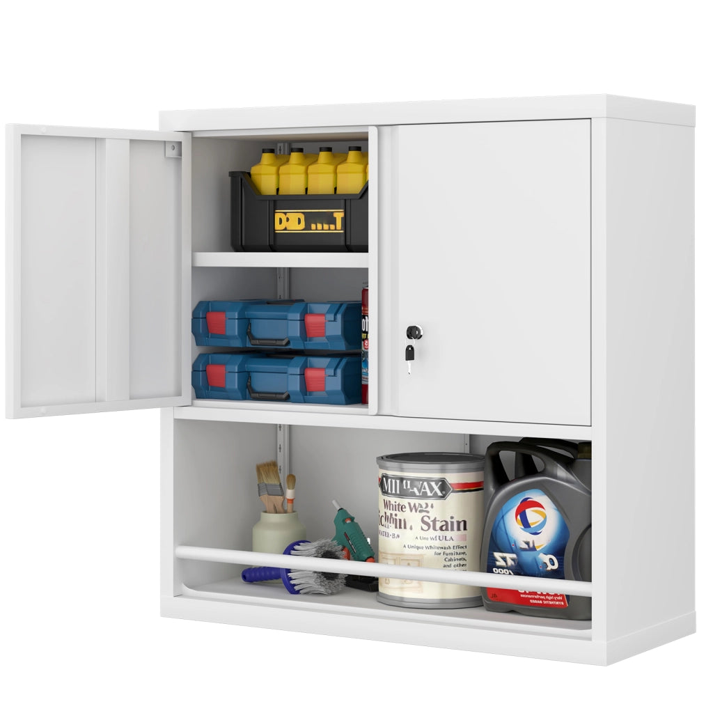 Armadietto da parete in metallo con ripiano regolabile, per garage e soggiorno, bianco, 88 × 45 × 14 cm