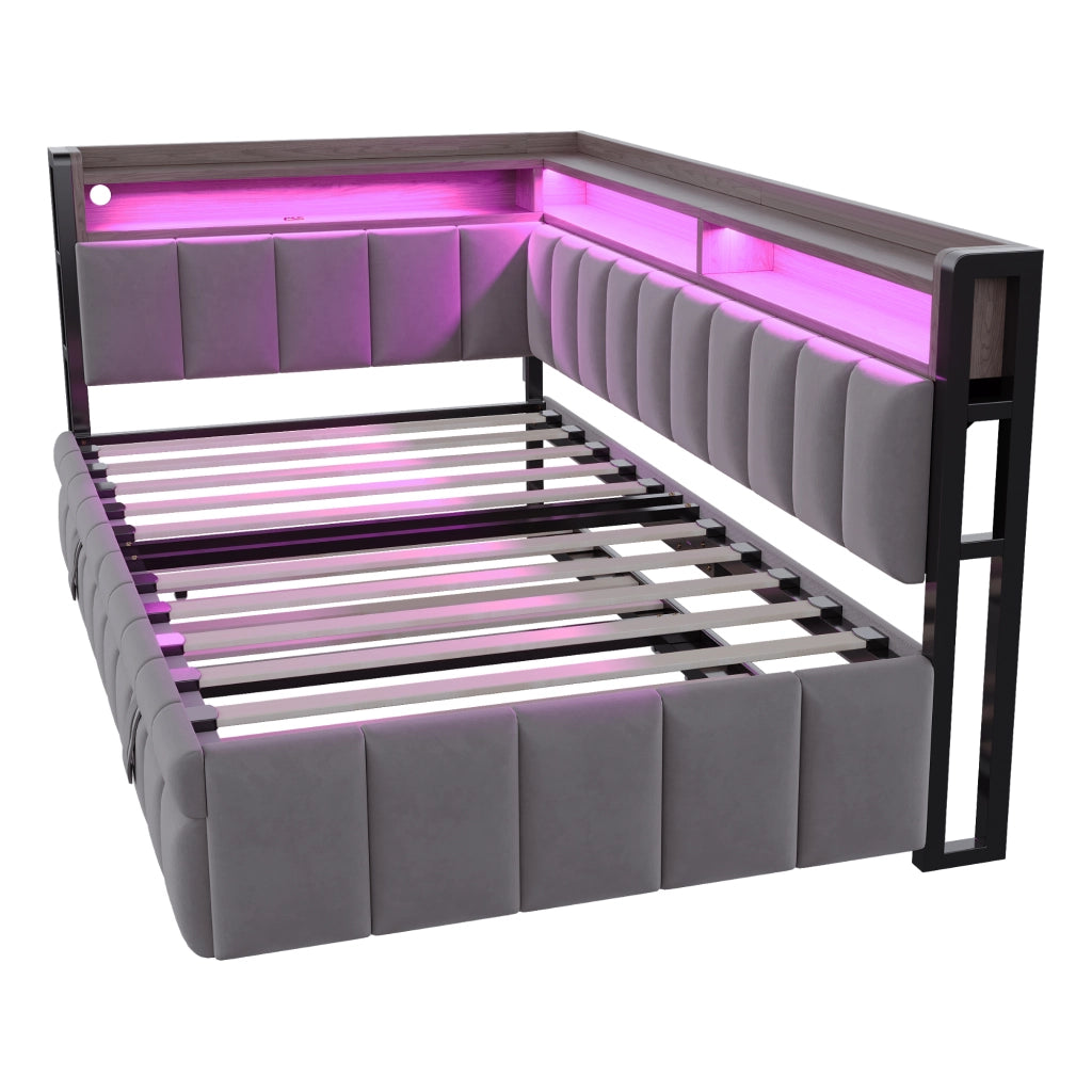 Letto estraibile singolo 90×200 cm con LED; ripiani; USB e Type-C; senza materasso; tessuto; grigio scuro