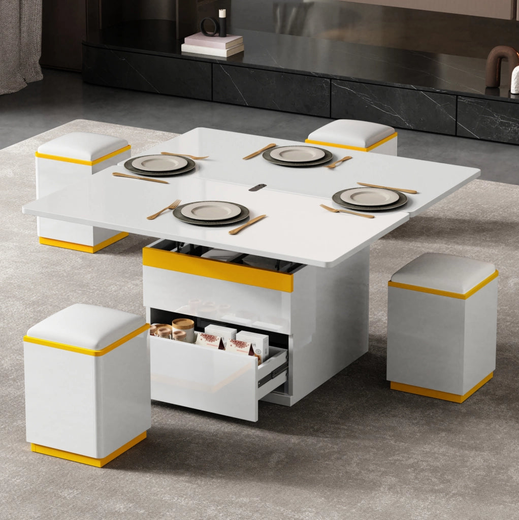 Tavolino da caffè sollevabile 100x50x43 cm bianco e giallo, contenitore integrato, MDF/PB