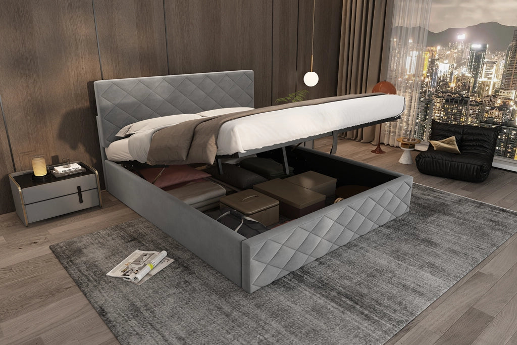 DESMIU Letto contenitore 140 × 200 cm matrimoniale con contenitore idraulico, senza materasso, velluto grigio