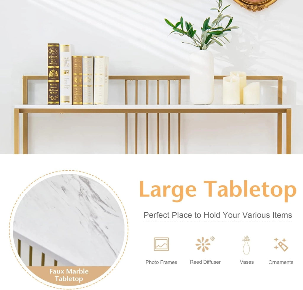 Tavolo Consolle in Marmorizzato Oro, Tavolino da Corridoio Struttura in Metallo, Tavolino da Salotto Design Moderno e Sottile, 120 x 30 x 88 cm (Bianco+Oro)