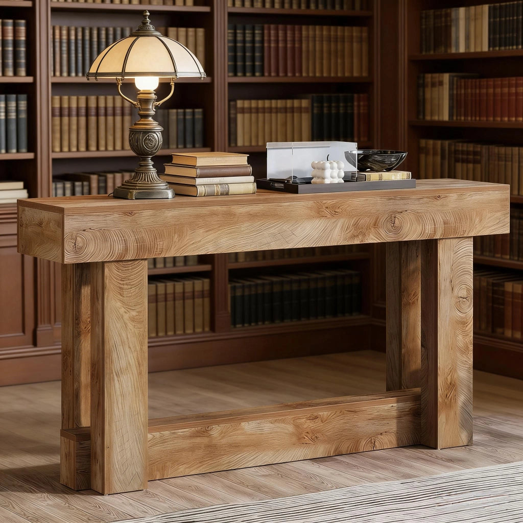 Consolle con base a U e ripiano inferiore, stile vintage, per ingresso e soggiorno, in legno, marrone, 160 × 30 cm