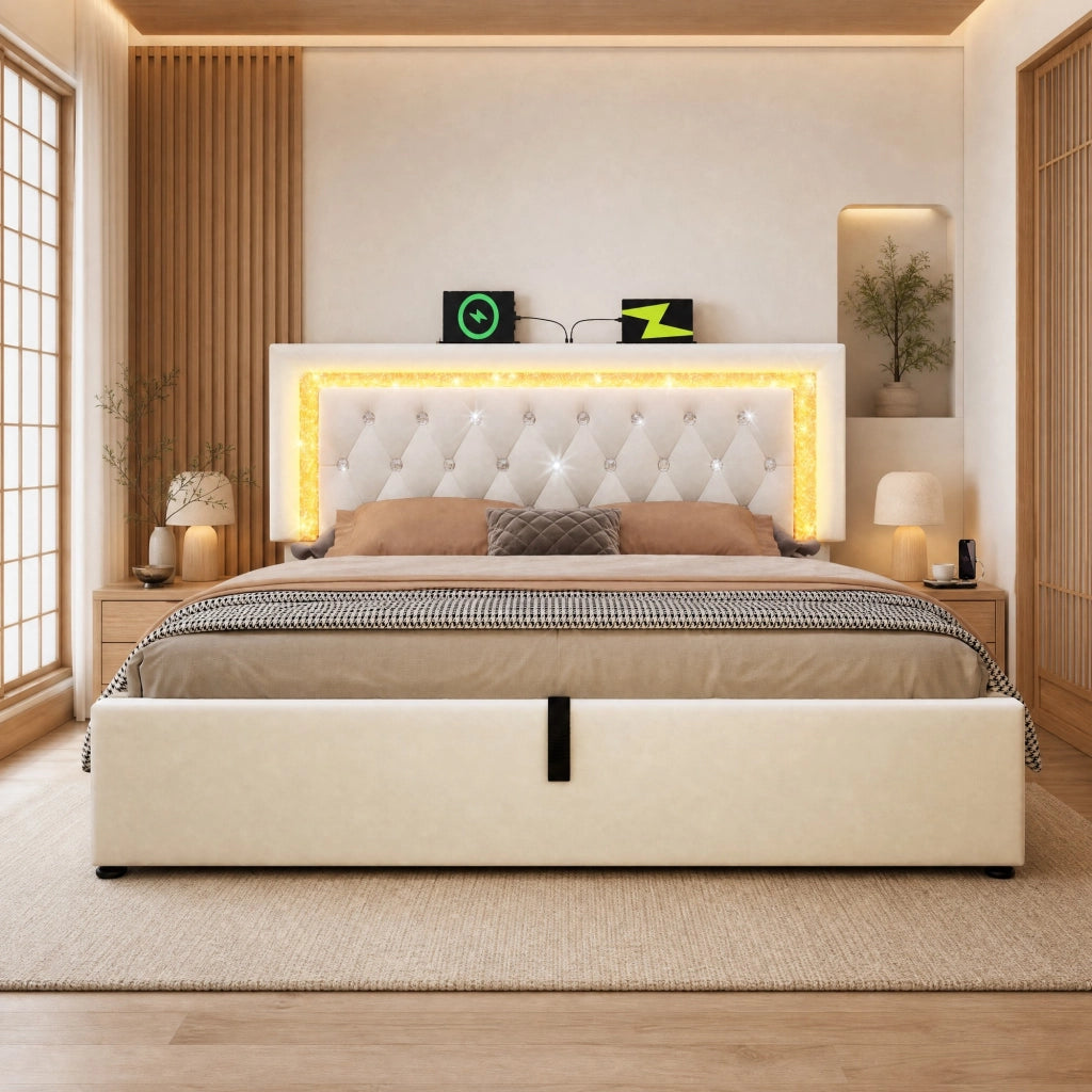LETTO Contenitore 140x200 cm con LED USB Type-C in velluto beige