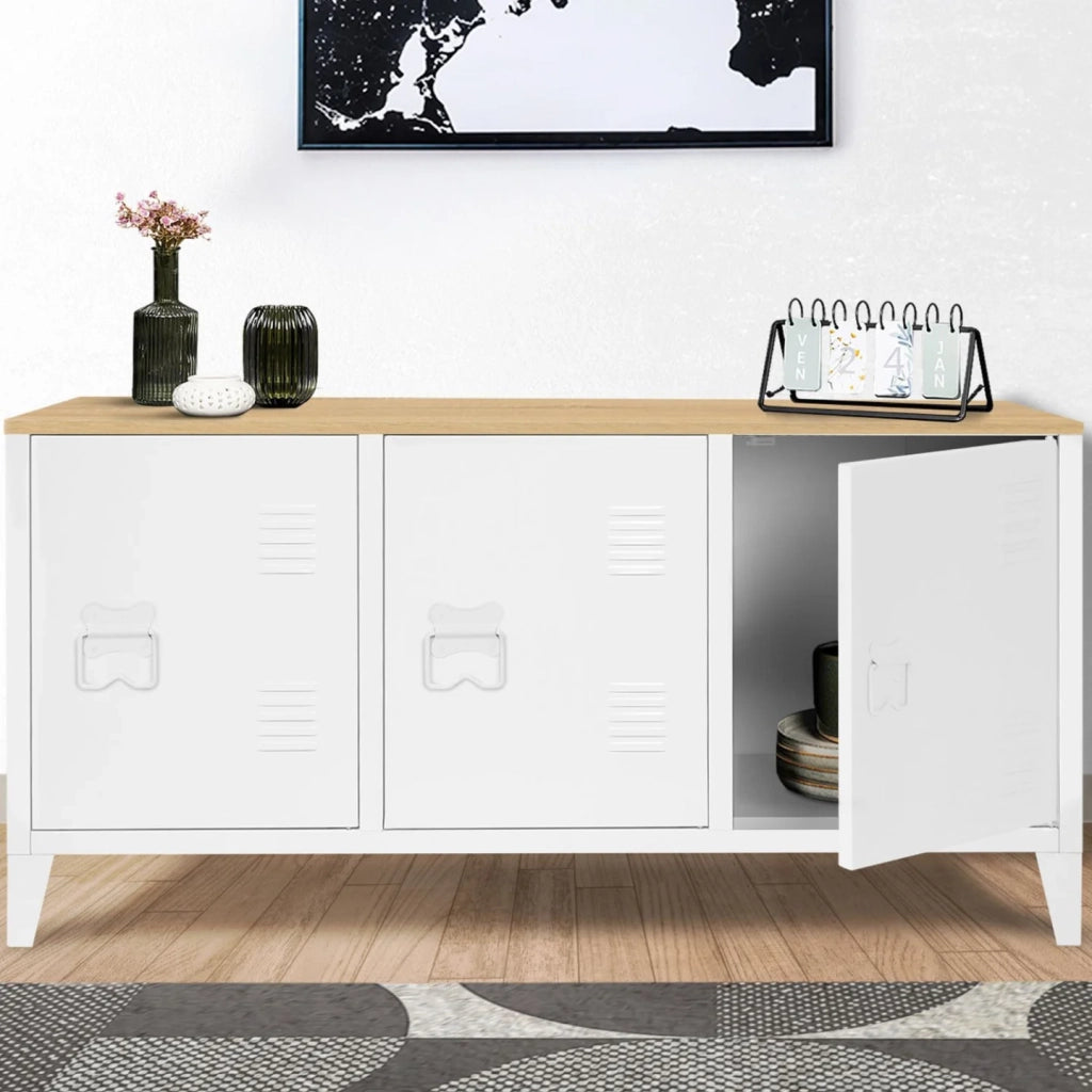 IDMarket - Credenza bassa ESTER 113 cm con 3 ante in metallo bianco e piano in legno dal design industriale