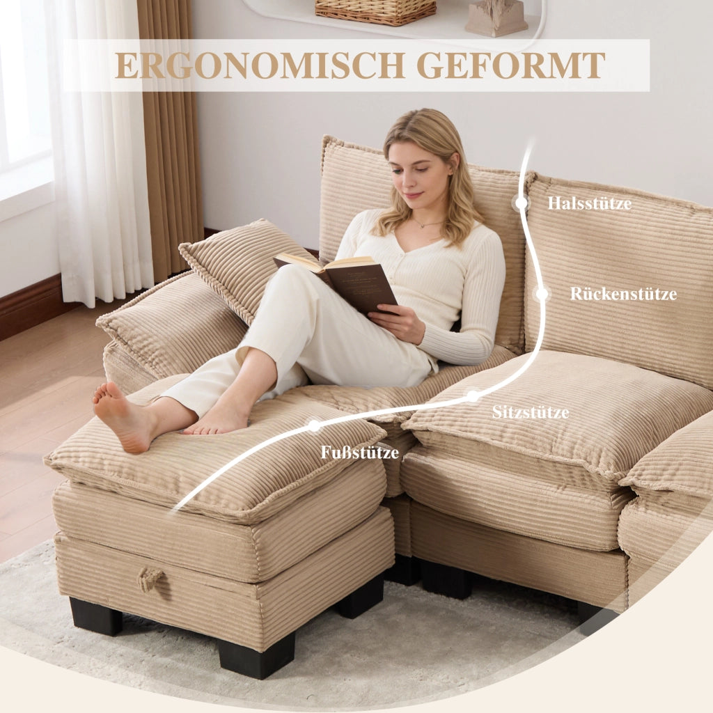 Divano modulare 4 posti con pouf, seduta ampia ergonomica, USB-C e tasche laterali in velluto a coste khaki