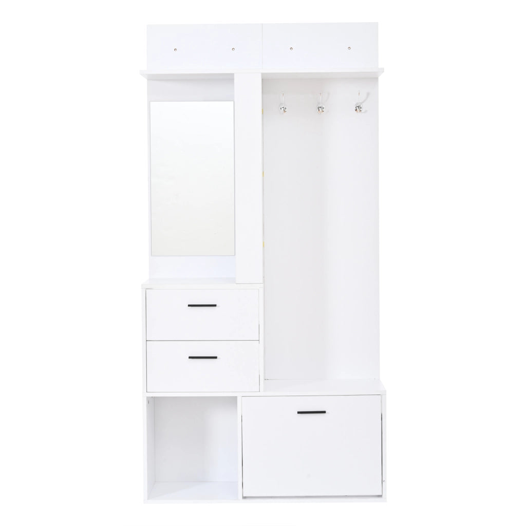 Garderobiera salvaspazio bianca 90x30x180 cm con specchio, 2 cassetti, appendiabiti, scarpiera estraibile e ripiani