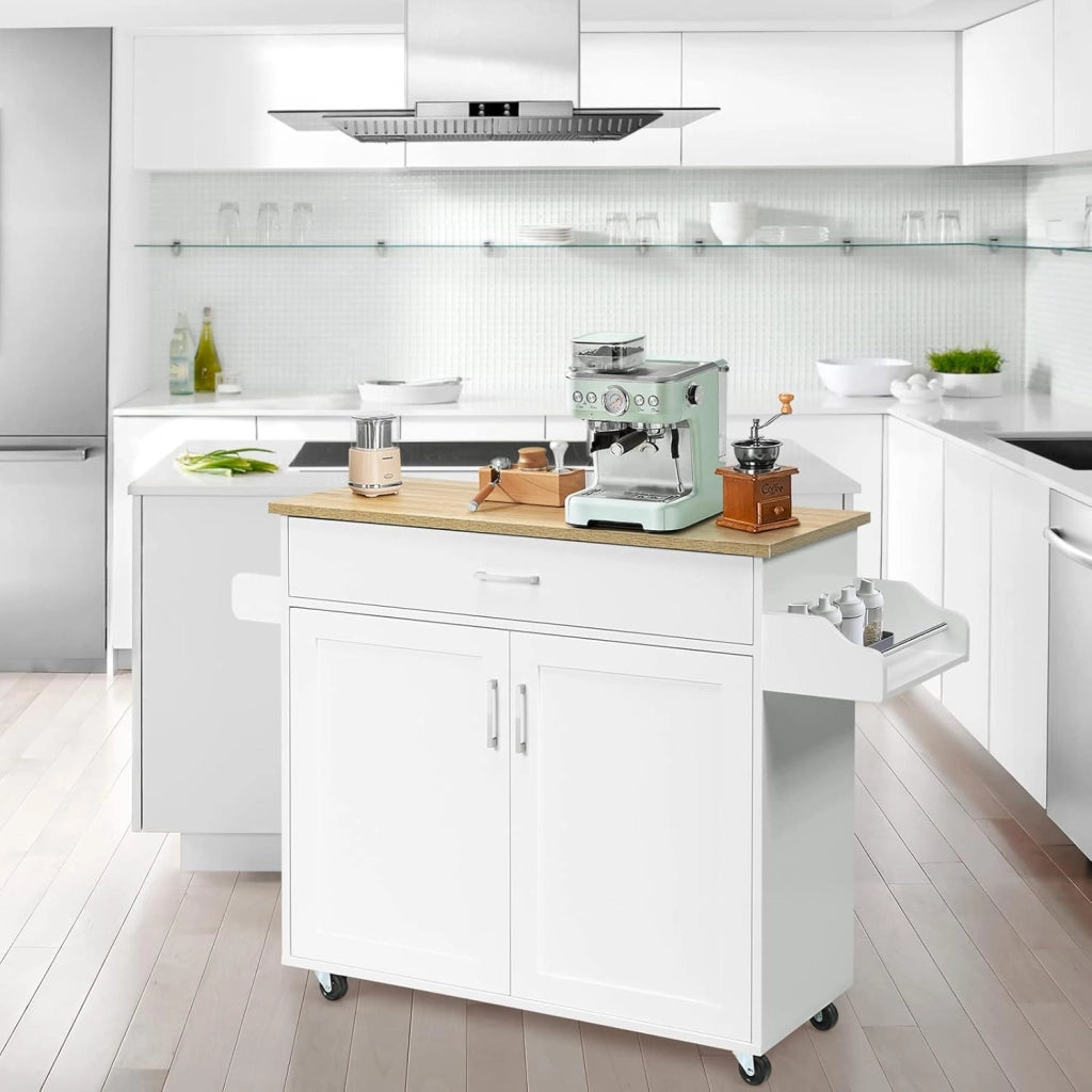 Carrello da Cucina in Legno con Cassetto su Ruote, Armadio da Cucina con Piano di Lavoro, Carrello da Cucina in Stile Rustico, Bianco