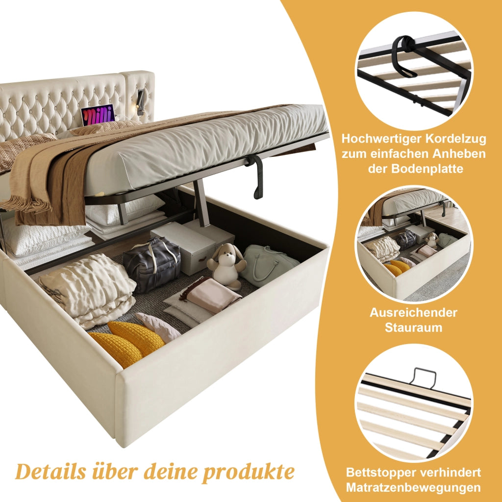 LETTO Contenitore 160x200 cm Beige Velluto con materasso incluso e 2 comodini