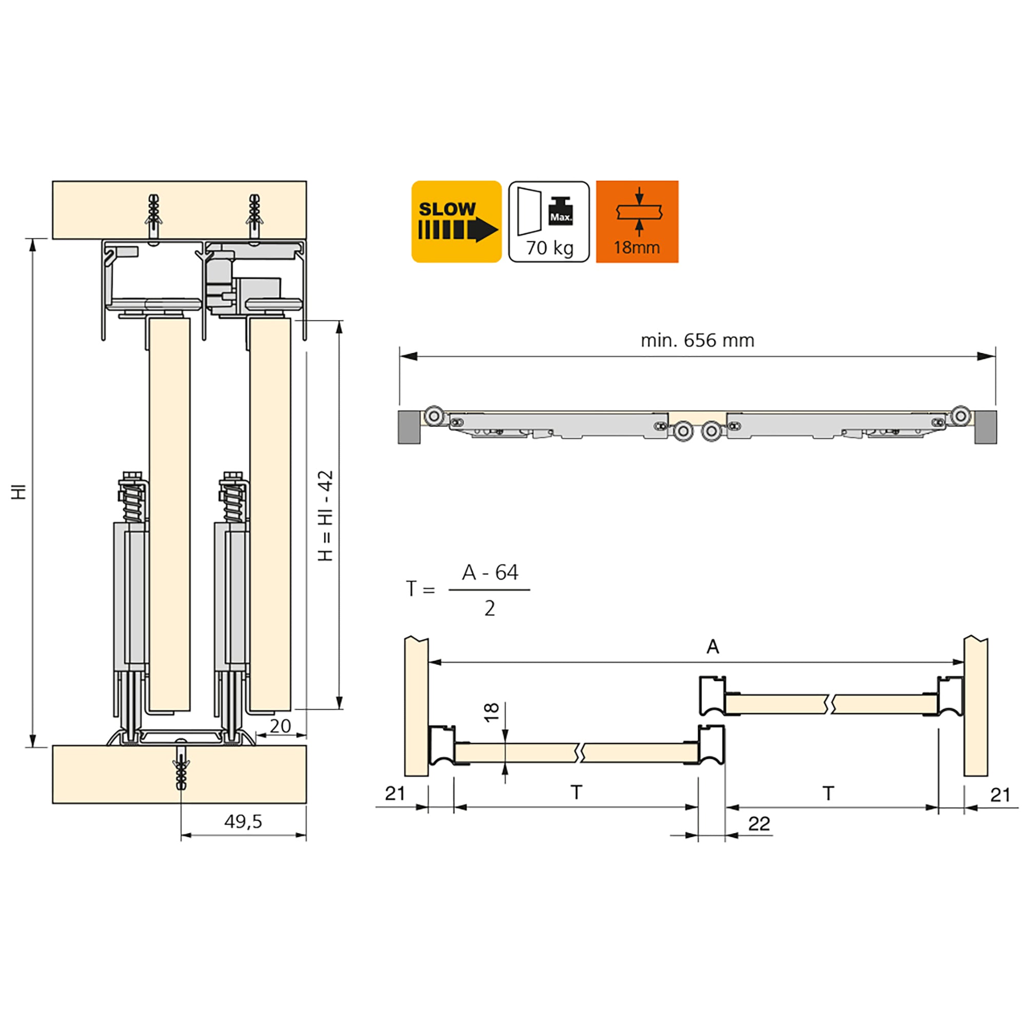 Sistema a Scorrimento Inferiore per Armadio 2 Ante 18 mm con Chiusura Soft Emuca