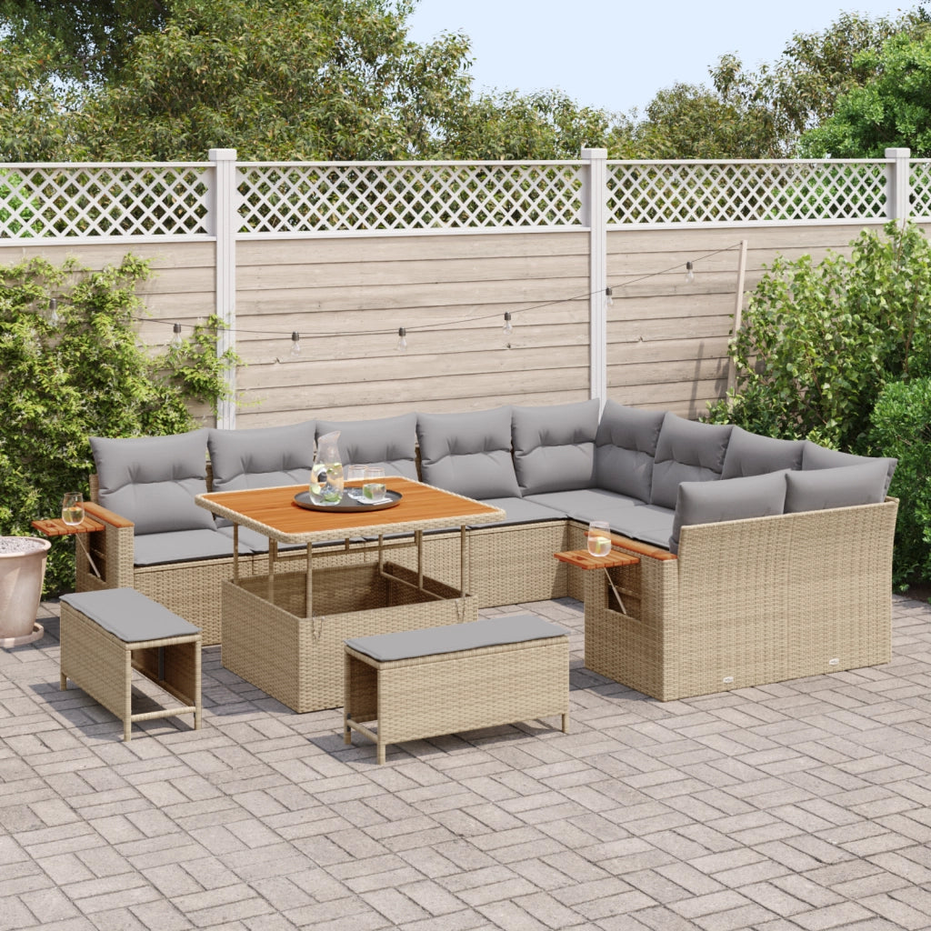 Set Divano da Giardino  da 12 Pezzi con Cuscini Beige in Polyrattan Acacia