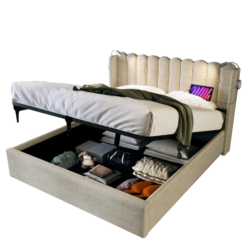 Letto contenitore 160x200 cm beige con USB e luce LED