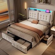 Letto matrimoniale 180x200 cm con LED; USB-C e 4 cassetti; beige in cotone-lino