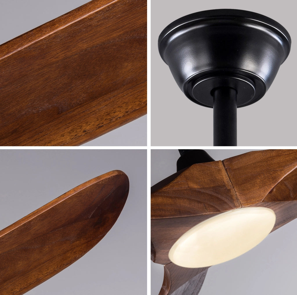 Ventilatore da soffitto 52 pollici con luce LED; 3 pale in legno noce; nero