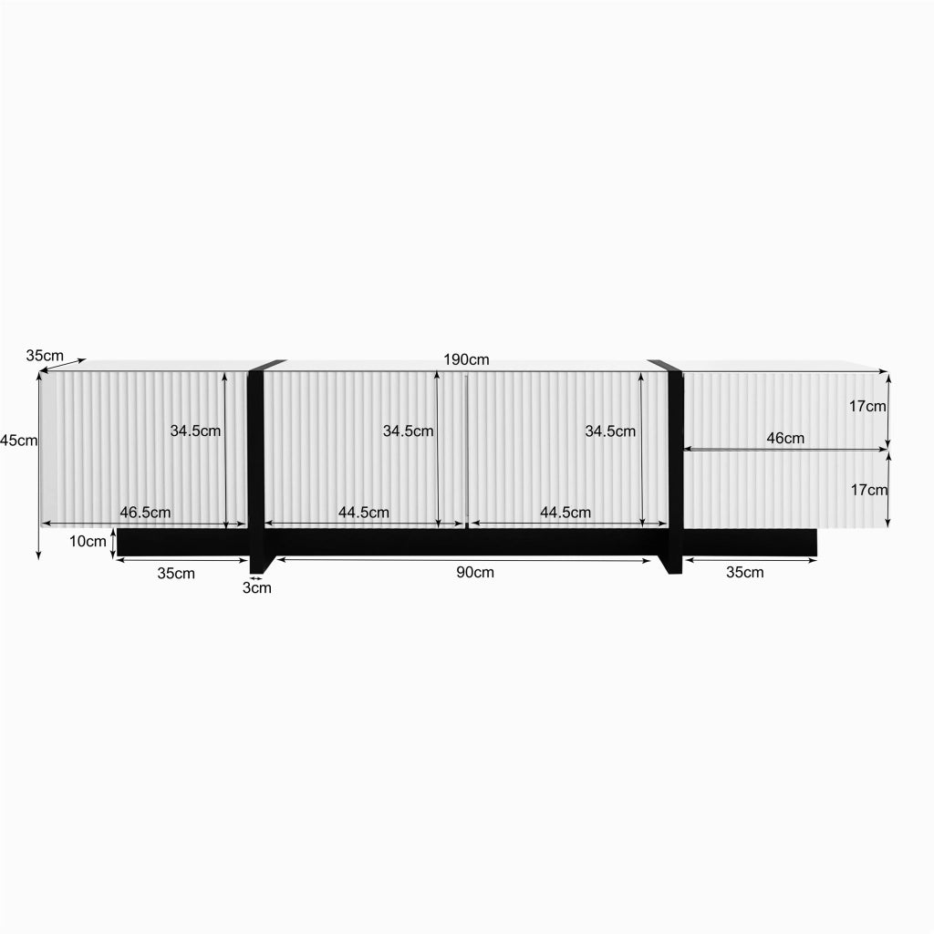OKWISH Mobile TV con 3 Ante e 2 Cassetti, Cerniere Ammortizzate, per Soggiorno, MDF, Nero e Bianco, 190 x 35 x 45 cm