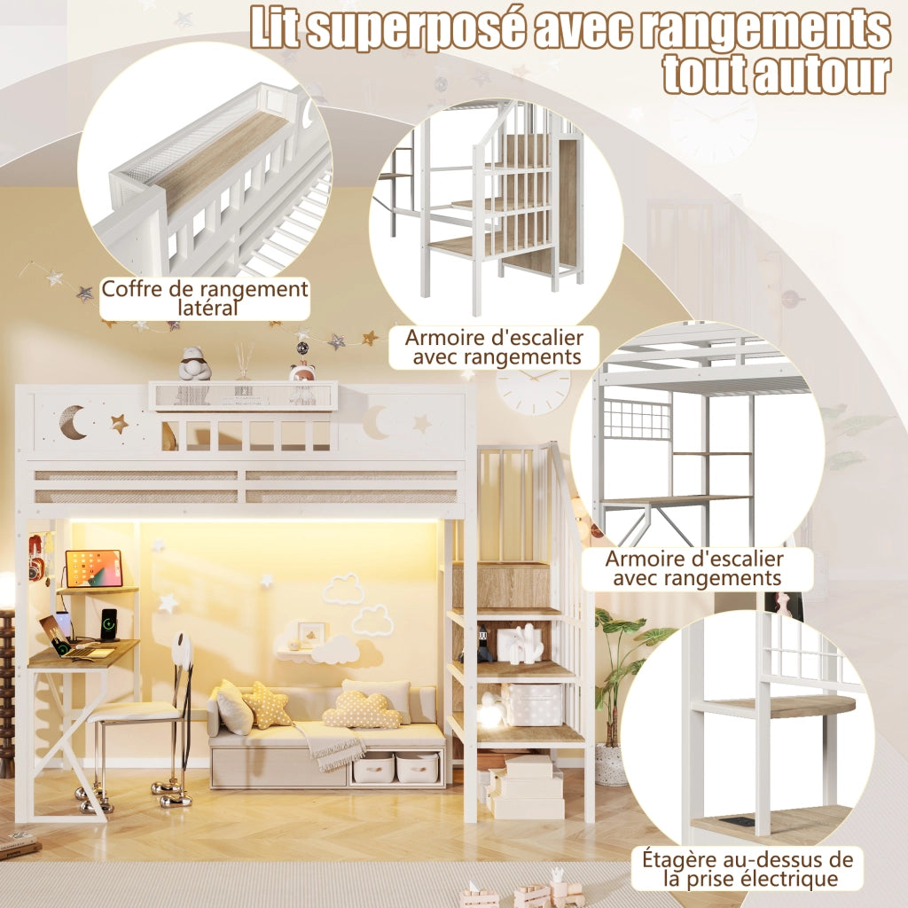Letto a soppalco 90x200 cm con scrivania; pannello pegboard; ripiani; LED e USB; metallo bianco