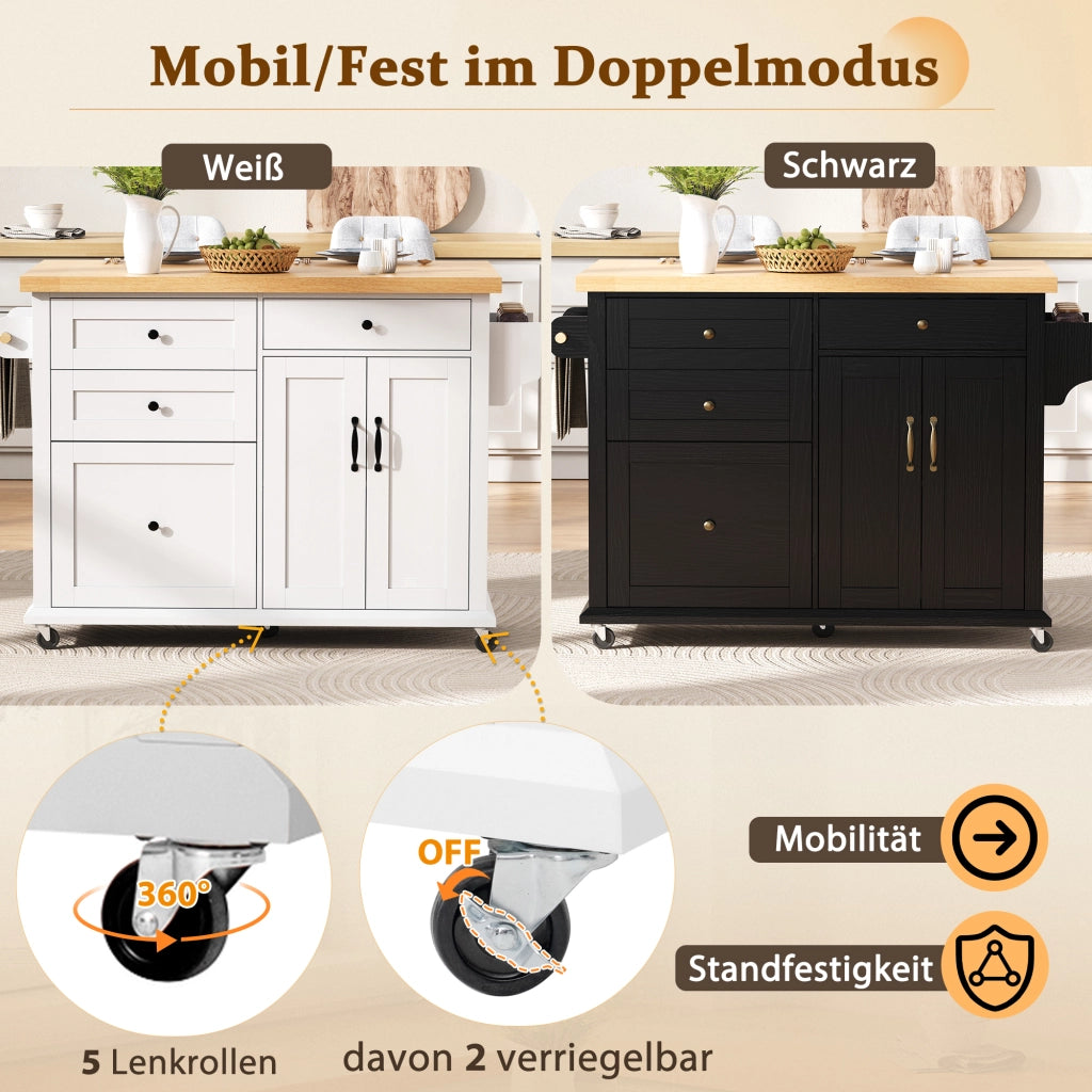 Carrello da cucina con 2 ante, cassetti multifunzione e piano estraibile, per cucina e sala da pranzo, in MDF, bianco, 107 × 45-70 × 90,5 cm