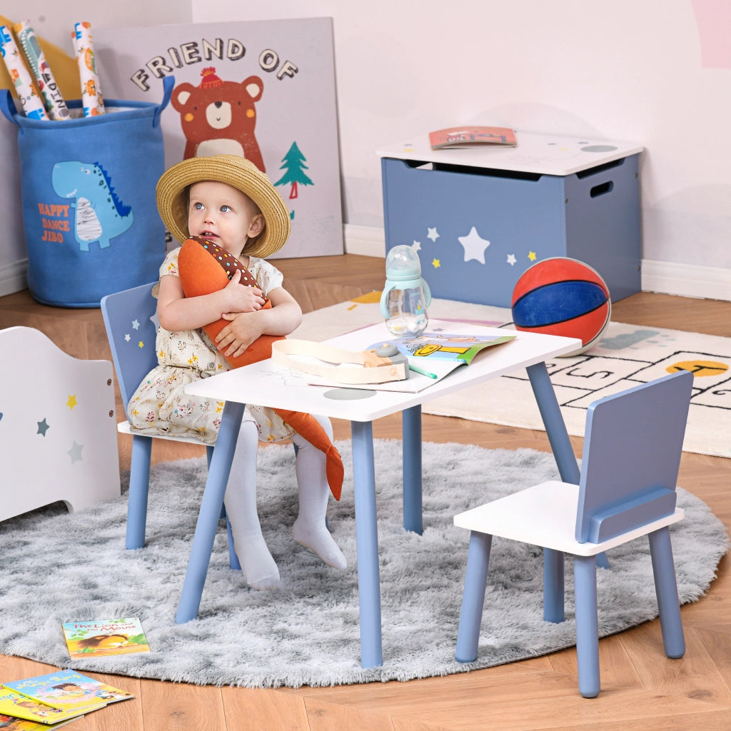 EasyComfort Tavolo con Sedie Bambini e Bambine 2-4 Anni in Legno Azzurro e Bianco