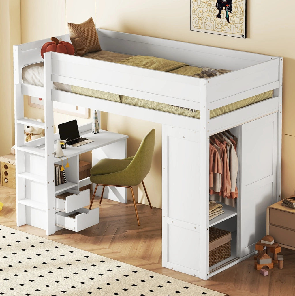 Letto a castello bianco in pino con scrivania armadio e cassetti 90x200 cm