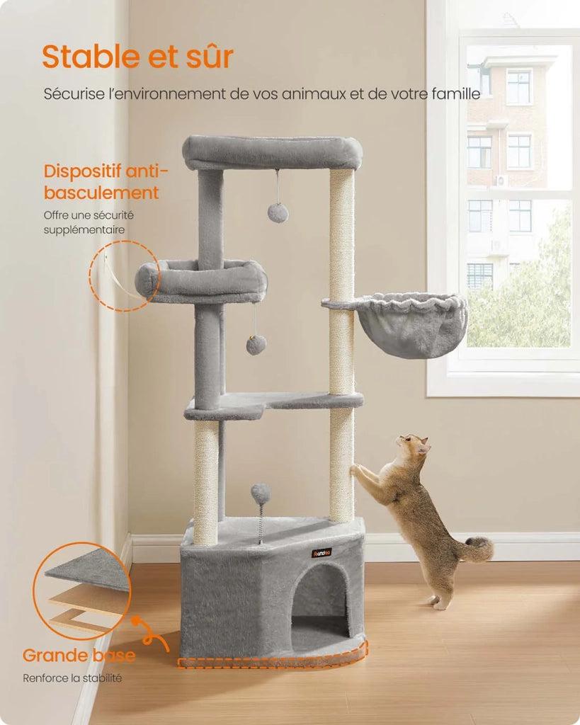 Tiragraffi 48,5 x 48,5 x 140,7 cm torre gioco per gatti con grotta per gatti grandi piattaforme palline di peluche amaca grigio 12_0008010