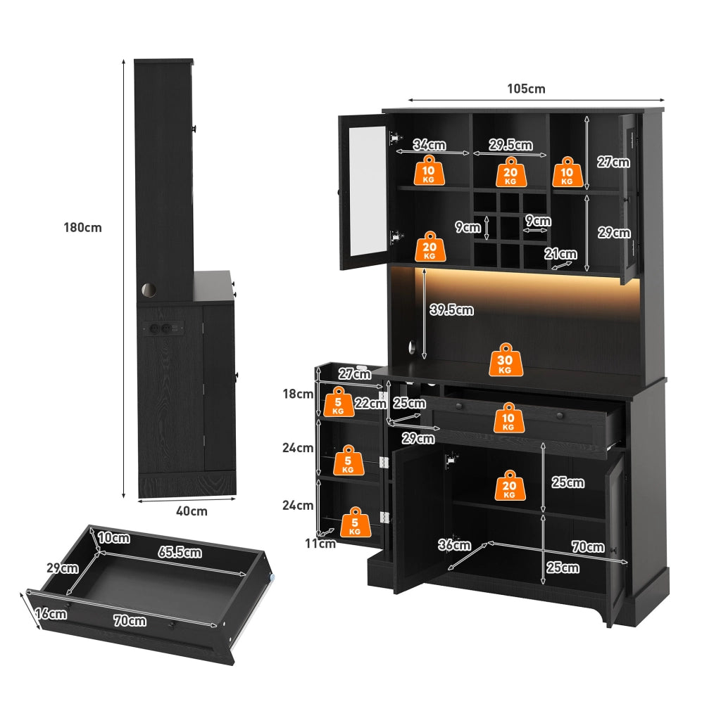 Credenza cucina alta 180x105x40 cm con LED; prese USB e AC; MDF nero