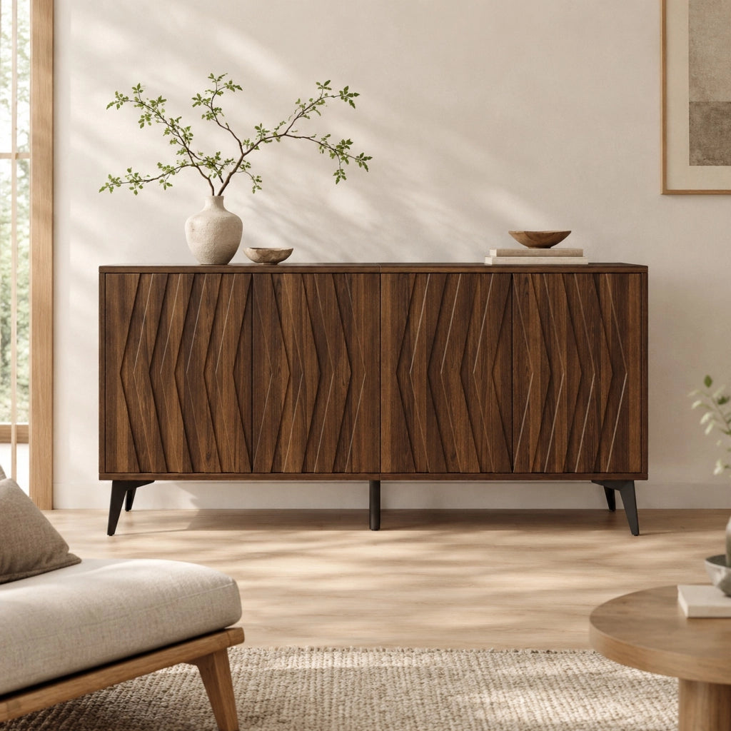 Credenza 140x35x70 cm con 4 ante e ripiani regolabili in MDF e truciolare color noce