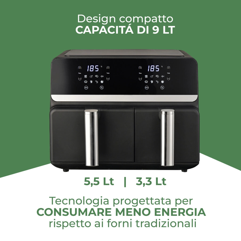 Friggitrice ad Aria 9L Doppio Cestello Digitale XXL, 2 Zone di Cottura Indipendenti, Display LED Touch, 8 Programmi, Temperatura Regolabile, 2400W, Nero 9 Litri - Nero