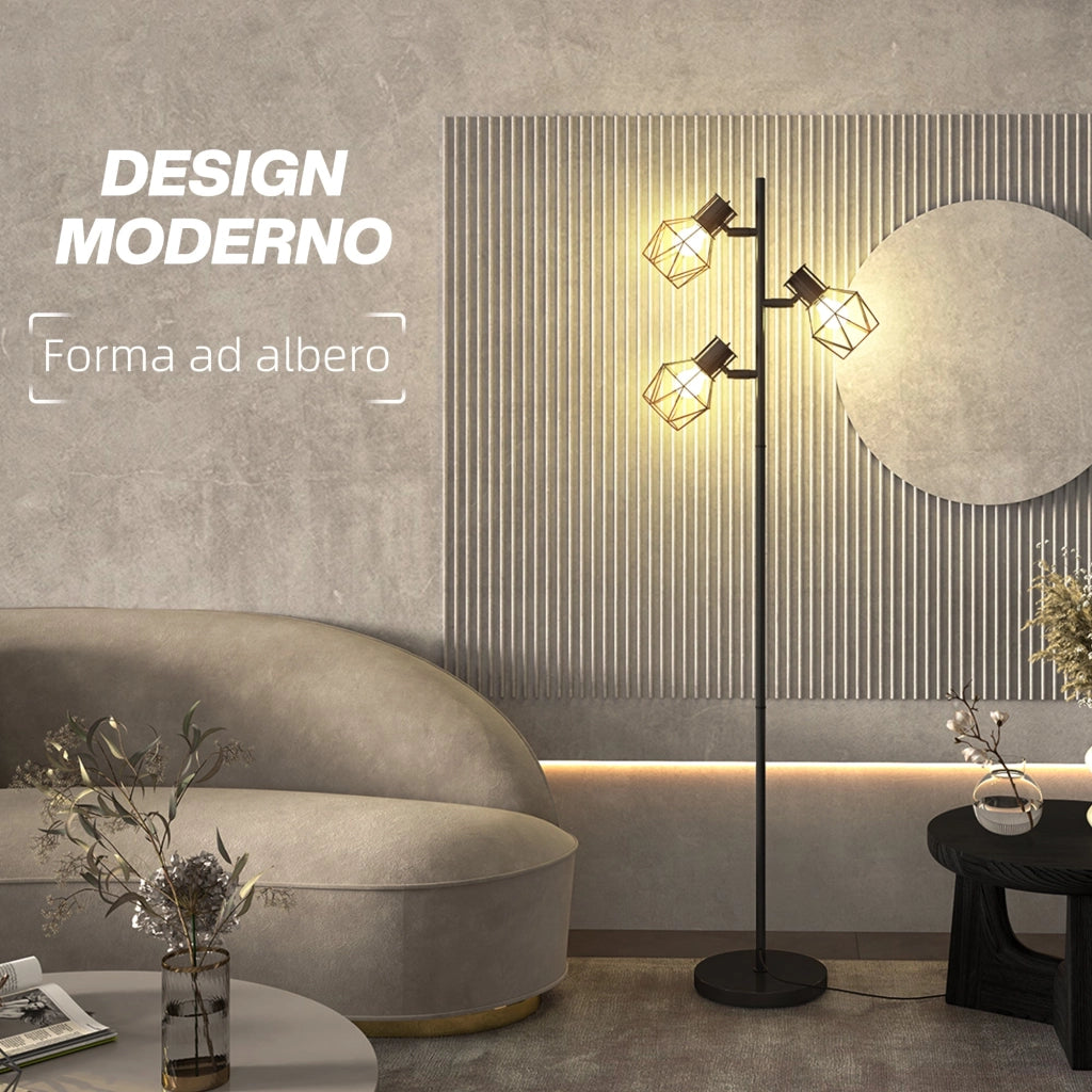 Lampada da Terra 3 Luci Orientabili 40W 41x28x169 cm in Metallo Nero