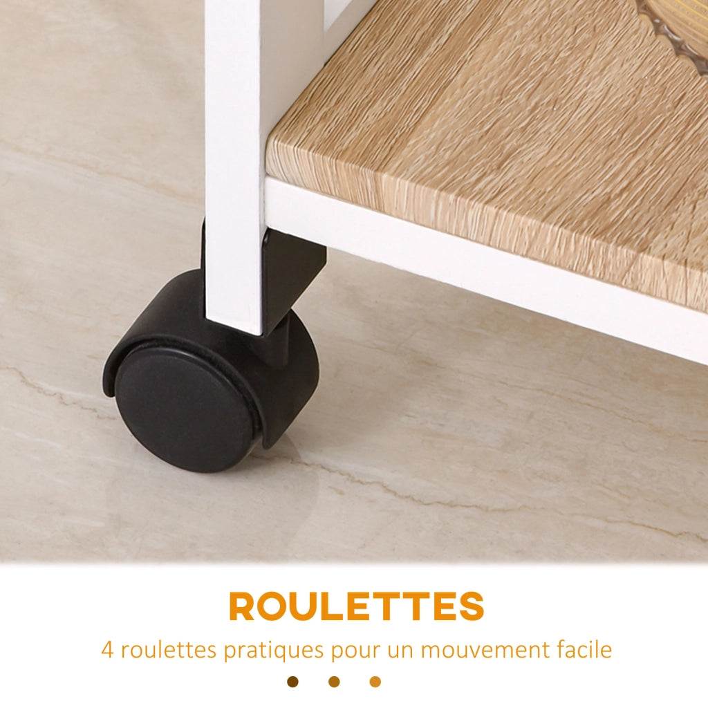 Carrello da cucina con ruote ¨C Xylo ¨C 2 ripiani + vassoio rimovibile + cassetto legno pino bianco rovere