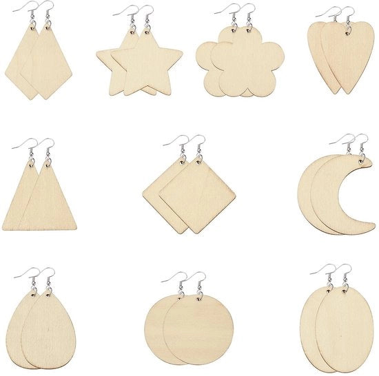 Hangers per orecchini in legno 100 pezzi - Creazione di gioielli DIY - 10 stili - Hangers in legno bianco - Hangers per orecchini in ottone - Parti in acciaio inossidabile