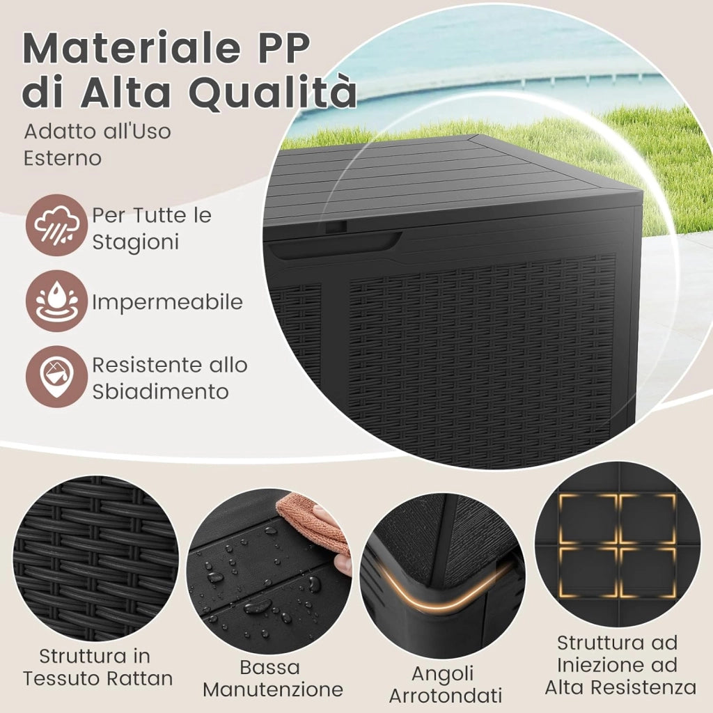 Baule da Esterno 380 L, Cassapanca Contenitore Impermeabile in Effetto Rattan con Coperchio Bloccabile e Ruote, Baule Salvaspazio per Mantenere Cuscini e Attrezzi da Interno e Esterno (Nero)